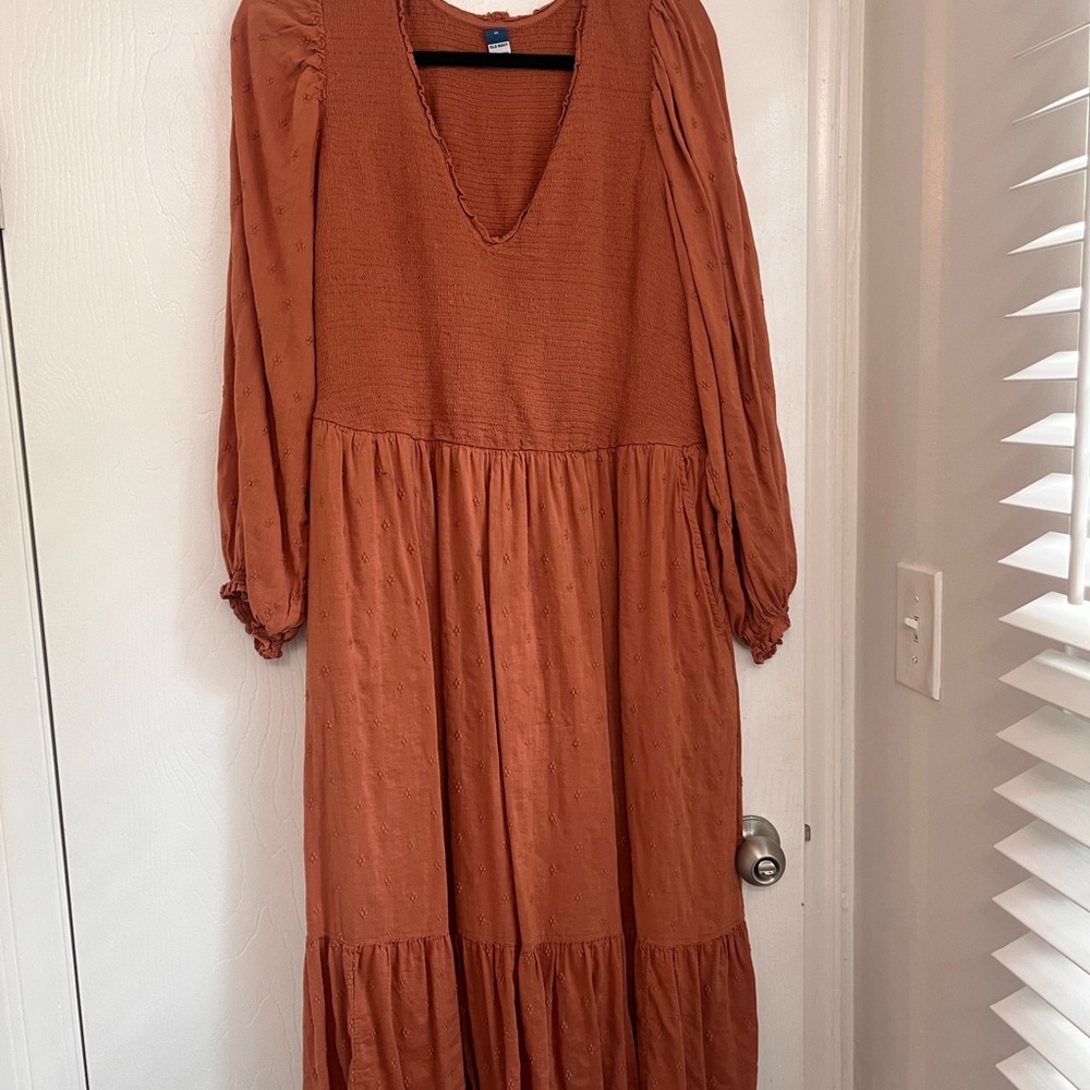 Old Navy Rust Orange Midi Fall Bishop Sleeve Dress